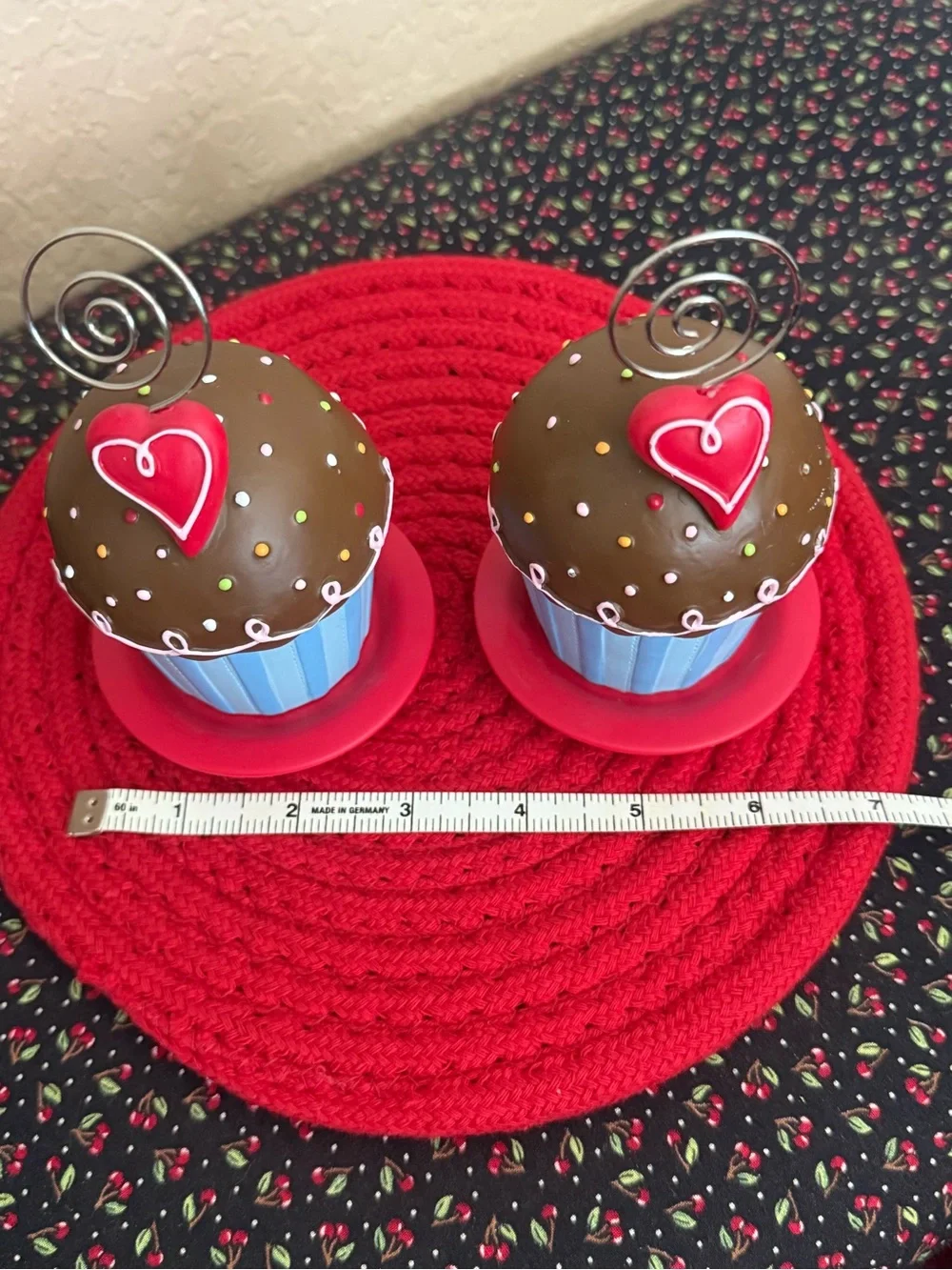 Whimsical Brown & Blue Cupcake Photo Place Card Holders with Red Heart
